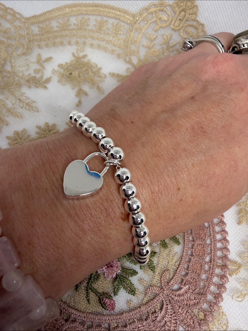 925 Sterling Silver Heart Lock Beaded Bracelet Romantic Sculptural silver
